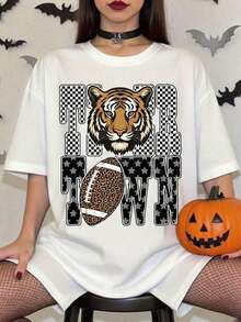 Camisetas Estampadas para Mujer 3426, 100% Algodón, con Estampado de Tigre y Gráficos de Tiger Town para Fiesta de Halloween - Blanco - Ver 1