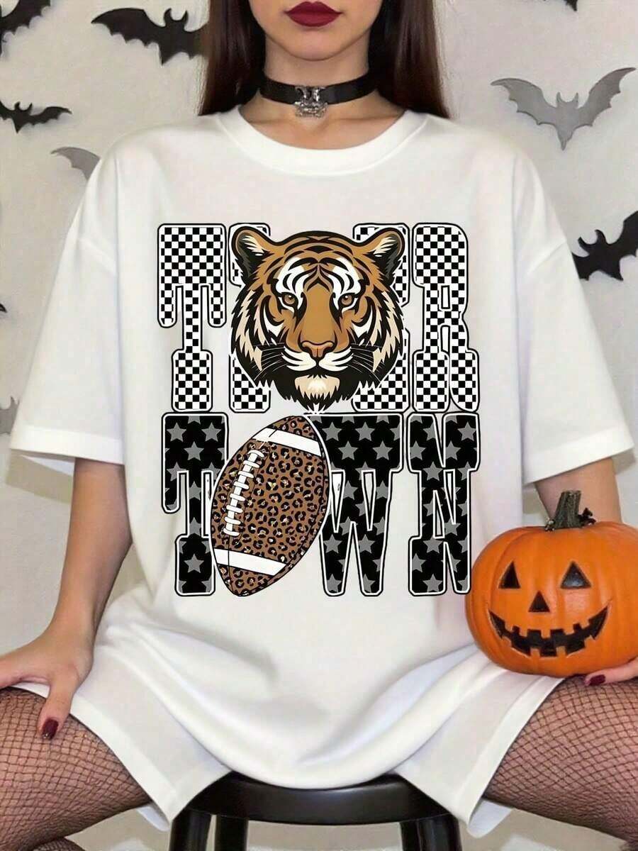 Camisetas Estampadas para Mujer 3426, 100% Algodón, con Estampado de Tigre y Gráficos de Tiger Town para Fiesta de Halloween - Blanco - Ver 1