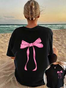 Under The Radar Printed Pattern [Double-Sided Design] Pink Bow Print + Short Sleeve Crew Neck T-Shirt, Loose Fit, Casual And Fashionable, Loose Top, Sexy, Sweet And Cute For Women, Summer/Spring, Simple And Fashionable Design T-Shirt - Unisex Loose Cotton Short Sleeve Crew Neck T-Shirt, Vintage Urban Style - Vintage Street Style Unisex Loose Cotton Short Sleeve Crew Neck T-Shirt - 黑色 - 查看 6