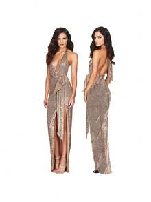 Elegante vestido largo ajustado para mujer en color negro con lentejuelas, escote en V profundo y abertura alta en el muslo, espalda descubierta, perfecto para fiestas y eventos nocturnos - Champán - Ver 2