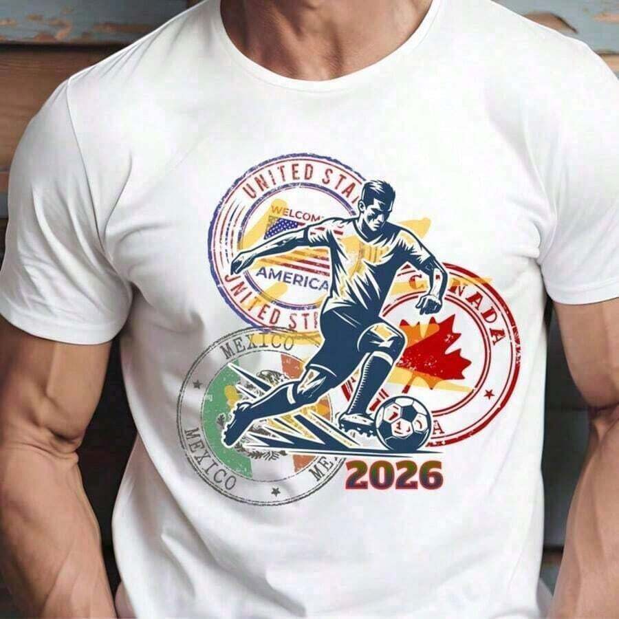 Camiseta de Fútbol Mundial 2026 Diseño PNG _ Gráfico de Camiseta de Fútbol _ Camiseta para Fanáticos de EE. UU., Canadá y México, Camiseta Unisex, Camiseta Y2K, Camiseta Streetwear - Blanco 8 - Ver 1