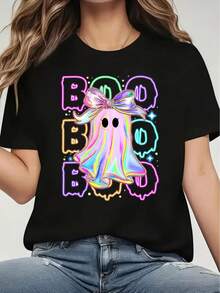 1 camiseta de mujer con lazo de fantasma neón, negra, con patrón de fantasma colorido, adecuada para fiestas de Halloween, disfraces de Acción de Gracias y Halloween, 180g 100% algodón. - Negro - Ver 1