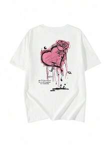 Camiseta de manga corta personalizada para mujer, nueva colección de verano, con estampado de corazón, diseño sencillo, corte holgado, estilo casual, cuello redondo - Camiseta unisex de algodón, estilo vintage urbano, cuello redondo y manga corta. - Blanco - Ver 2