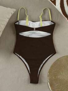Nuevo Llegado Primavera/Verano Traje de Baño de Una Pieza Casual Sexy Elegante para Mujer en Contraste de Color Rojo y Blanco, Adecuado para Playa, Vacaciones, Fiesta, Cita - Café integral - Ver 5
