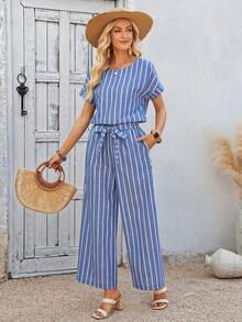 Conjunto de 2 piezas de top de manga corta de cuello redondo a rayas y pantalones para mujeres, conjunto de ropa de vacaciones de 100% algodón, apto para devolución y reembolso, vestidos casuales de verano para mujer, conjunto informal de verano para mujer - Negro - Ver 9