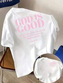 Short-Sleeved T-Shirt With Front And Back Print -  "God Is Good, Thank You Lord" Print - Women's  Print T-Shirt For Spring/Summer, Fashionable Item. Elegant Party Outfit, T-Shirt For Elegant Ladies, Blouses Suitable For Curvy Women, Prom Skirts, Casual Wear - 白色 - 查看 7
