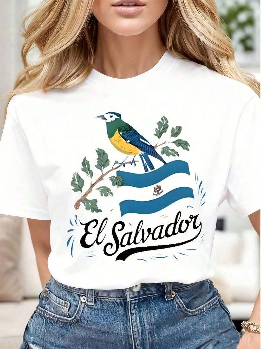 Women's Casual T-Shirt With El Salvador Flag, Bird And Leaves Print, Soft And Comfortable, Gift For Independence Day And National Day, Women's T-Shirts - 白色 - 查看 1