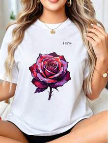 Limited Time Offer, Limited Quantity Available, Flash , Women's Shirts, Women's T-Shirts. Women's Oversized Black T-Shirt, Short Sleeve Round Neck, Purple And Red Graffiti Rose Print, Dark Romantic Casual Style For Everyday Wear - 白色 - 查看 2