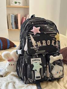 Mochila con colgante de peluche de estrella linda, mochila bordada de estilo femenino, mochila de gran capacidad para estudiantes de secundaria/preparatoria - Multicolor - Ver 13