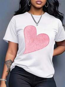 Women's Cotton T-Shirts - Women's Boho Chic Short Sleeve Graphic T-Shirt - Round Neck Blouse With Black And Pink Heart Print, Casual Chic Top For All Seasons, Machine Washable For Daily Wear And Special Occasions, Versatile Clothing, Artistic Design, Soft Material, Elegant Shirt, For Fashion Lovers, Shirt, Comfortable Material, Printed Blouse, Fashionable Basic Blouses For Women. - 白色 - 查看 1