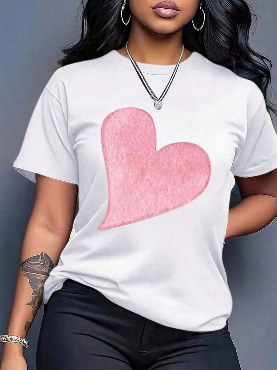 Women's Cotton T-Shirts - Women's Boho Chic Short Sleeve Graphic T-Shirt - Round Neck Blouse With Black And Pink Heart Print, Casual Chic Top For All Seasons, Machine Washable For Daily Wear And Special Occasions, Versatile Clothing, Artistic Design, Soft Material, Elegant Shirt, For Fashion Lovers, Shirt, Comfortable Material, Printed Blouse, Fashionable Basic Blouses For Women. - 白色 - 查看 1
