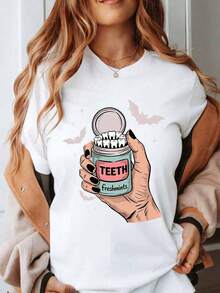 Women's Cotton T-Shirts, Halloween Teeth Freshmints T-Shirt, Funny Dentist T-Shirt, Casual Graphic T-Shirt For Women, Party Wear, Gift For The Halloween Season, Basic Blouses For Women. - 白色 - 查看 1