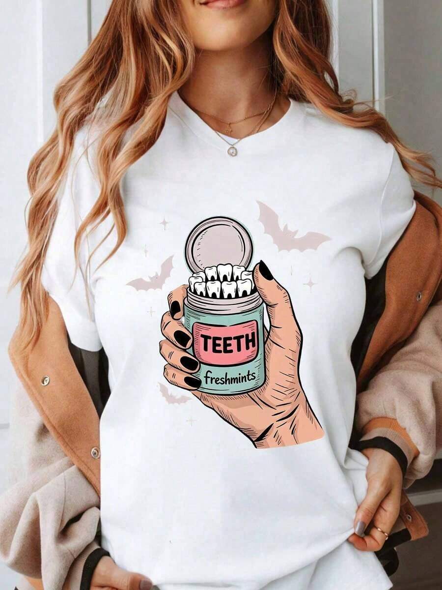 Women's Cotton T-Shirts, Halloween Teeth Freshmints T-Shirt, Funny Dentist T-Shirt, Casual Graphic T-Shirt For Women, Party Wear, Gift For The Halloween Season, Basic Blouses For Women. - 白色 - 查看 1