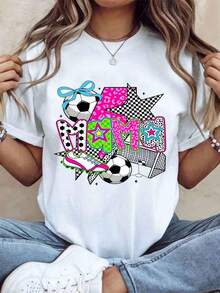 Women's Cotton T-Shirts, "Soccer Mom" T-Shirt For Women, Fun Gift For Soccer Mom, Colorful Design With Soccer Ball And Cleats, Pink And Printed Letters, Sporty Outfit For Mom For Game Day Or Mother's Day, Basic Women's Blouses. - 白色 - 查看 1