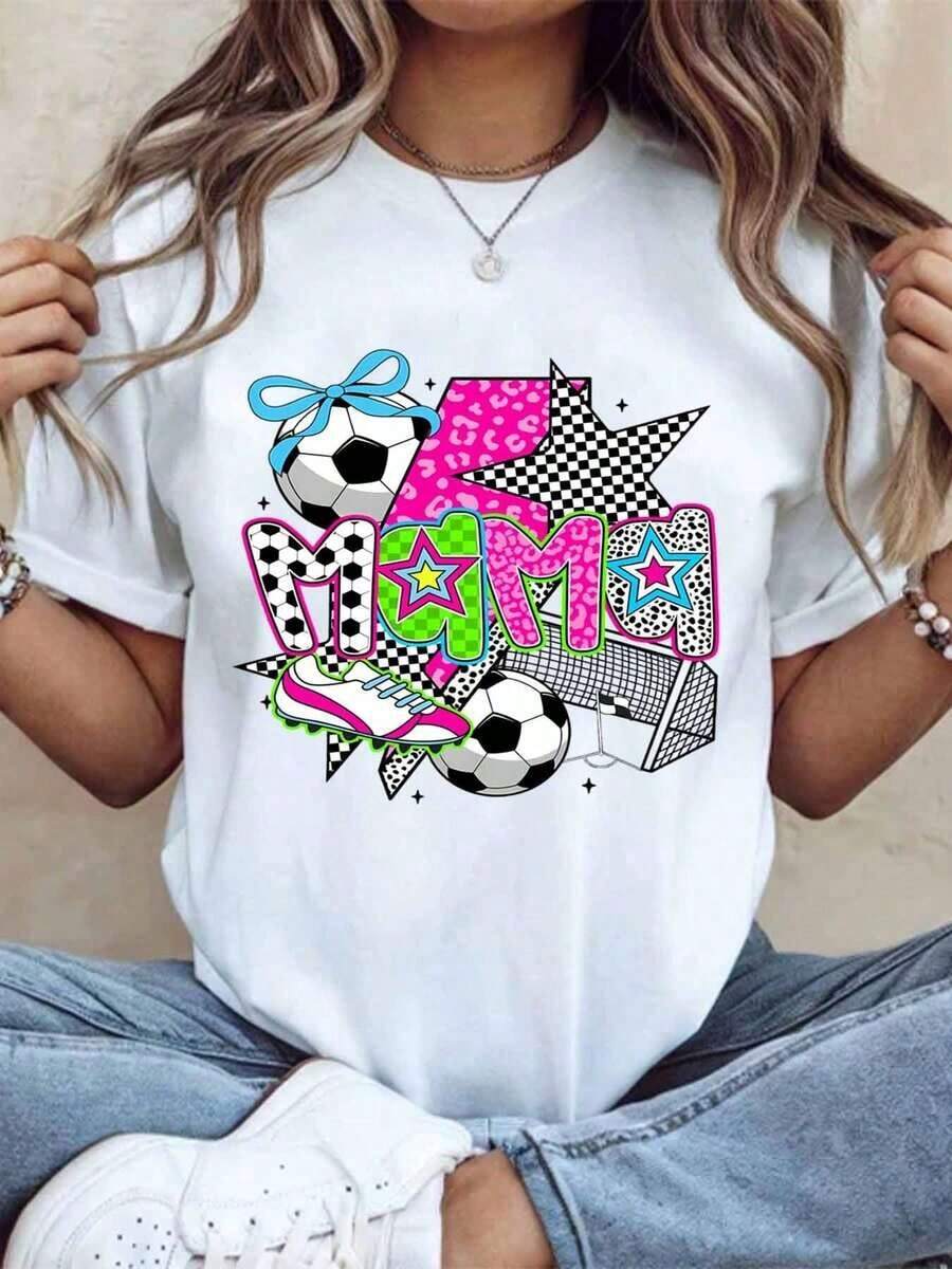 Women's Cotton T-Shirts, "Soccer Mom" T-Shirt For Women, Fun Gift For Soccer Mom, Colorful Design With Soccer Ball And Cleats, Pink And Printed Letters, Sporty Outfit For Mom For Game Day Or Mother's Day, Basic Women's Blouses. - 白色 - 查看 1
