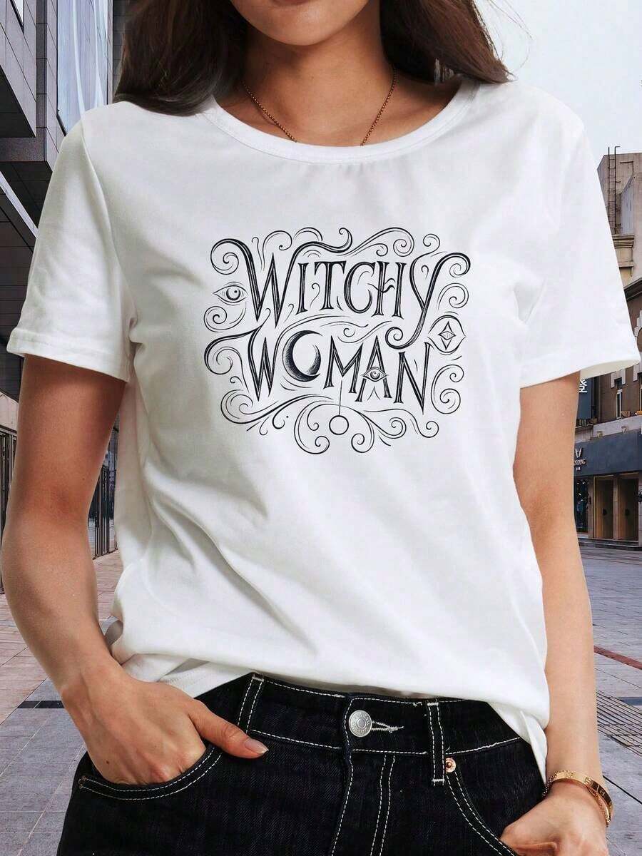 Women's Halloween T-Shirt, Modern Minimalist Style - Sexy Witch Design In Dark Red - Casual Party Outfit - Everyday Halloween Top - Fashionable, Seasonal Clothing, Short-Sleeve Fabric T-Shirt, Essential For Fashion Lovers, Casual For Everyday Wear - 白色 - 查看 1