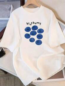 Modern Minimalist T-Shirt For Women - White, Short Sleeve, Round Neck, Blueberry And Black Polka Dot Print, Cute Fruit Design, Casual Wear, Birthday Party Outfit, All-Season Top, Machine Washable, Casual Everyday Wear - 白色 - 查看 7