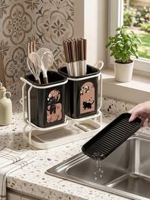 Cute Cat Print Kitchen Utensil Holder, Wall Mount Or Countertop Chopstick Caddy With Drain Base, Durable & Easy To Clean, Multi-Functional Organizer For Spoons, Forks & Kitchen Tools, Ideal For Small Kitchen - Multicolor - View 3
