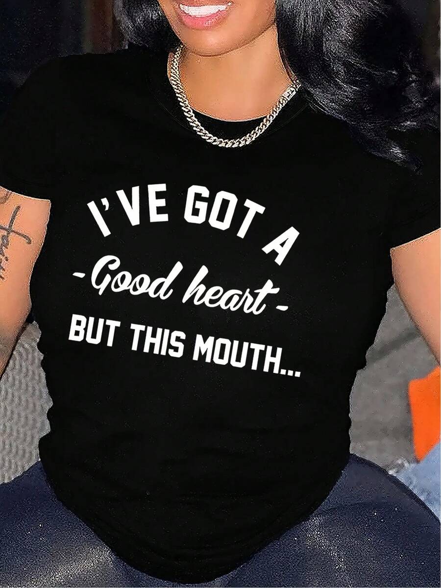 Women's Casual Top. Short-Sleeved T-Shirt With A Unique And Stylish Letter Print And A Round Neck, Ideal For Spring And Summer. A Must-Have For Everyday Casual Wear. - 黑色 - 查看 1