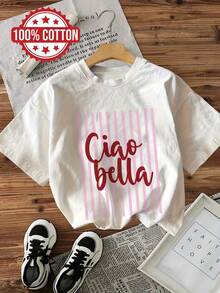 Women's Summer Top. Fashionable Summer Style, Short-Sleeved T-Shirt With "Ciao Bella" Text Print, Round Neck, Made Of Pure Cotton. Relaxing And Comfortable. - 白色 - 查看 1