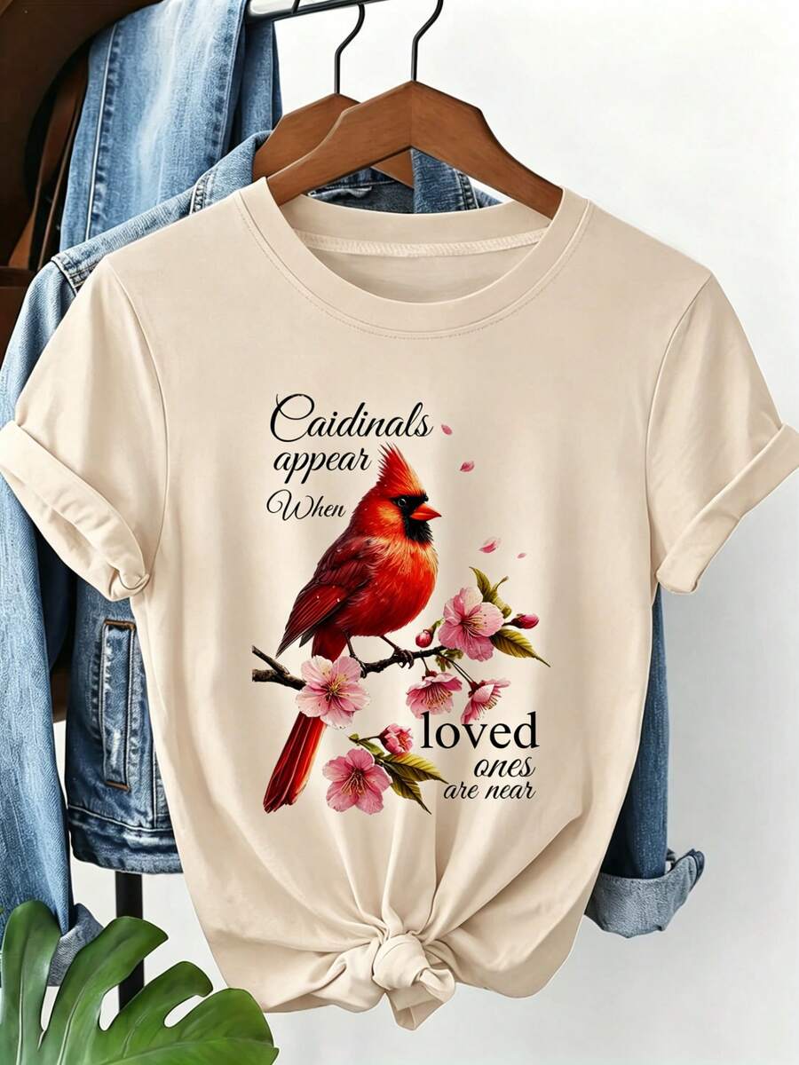Soft, One-Piece Summer Outfit For Plus-Size Women, Featuring A Comforting And Healing Print Of The American Cardinal And Cherry Blossom In Commemoration Of The Motto "Cardinals Appear When Loved Ones Are Near," A Mother's Day Gift, Plus-Size Blouse For Women, Summer Clothes For Women, Elegant Blouses For Women. - 杏色 - 查看 1
