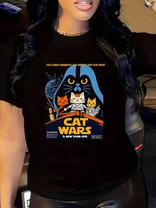 Camiseta Gráfica de Gatos para Mujer - Camiseta Casual de Manga Corta y Cuello Redondo con Diseño Divertido de Gatito Mascota, Negra con Gatos de Dibujos Animados Coloridos y el Texto "The Fur Must Prevail", Top Ligero de Verano para mujer - Negro - Ver 1