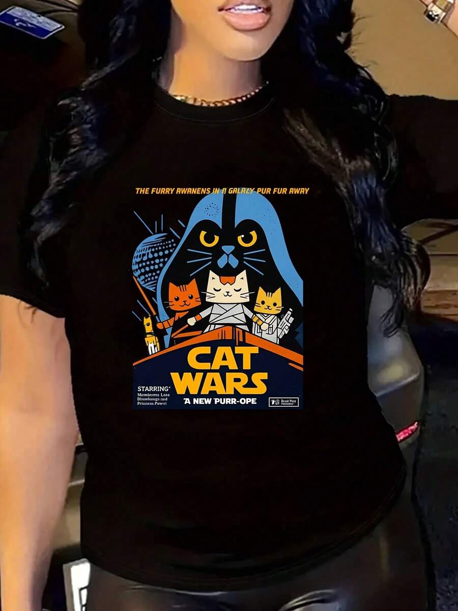 Camiseta Gráfica de Gatos para Mujer - Camiseta Casual de Manga Corta y Cuello Redondo con Diseño Divertido de Gatito Mascota, Negra con Gatos de Dibujos Animados Coloridos y el Texto "The Fur Must Prevail", Top Ligero de Verano para mujer - Negro - Ver 1