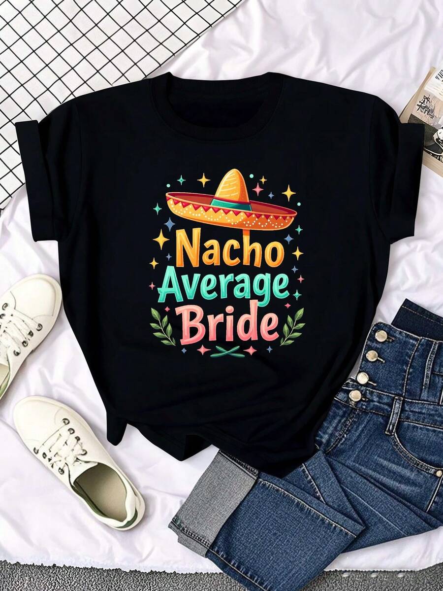 Women's Mexican Themed T-Shirt "Extraordinary Bride" - Casual Short Sleeve Solid Color Top With Sombrero And Tortilla Print, Bridesmaid Outfit For Wedding Party, Funny T-Shirt With Spanish Phrases For Theme Party, Women's Blouses - 黑色 - 查看 1