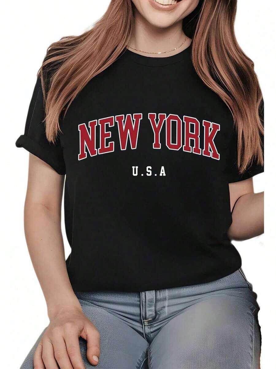 Camiseta Casual de Manga Corta para Mujer con Estampado de Letras de Nueva York - Ropa de Verano Oversize - Camiseta de Algodón con Cuello Redondo - Atuendo Casual de Verano para Mujer - Camiseta Holgada para Uso Diario - Negro - Ver 1