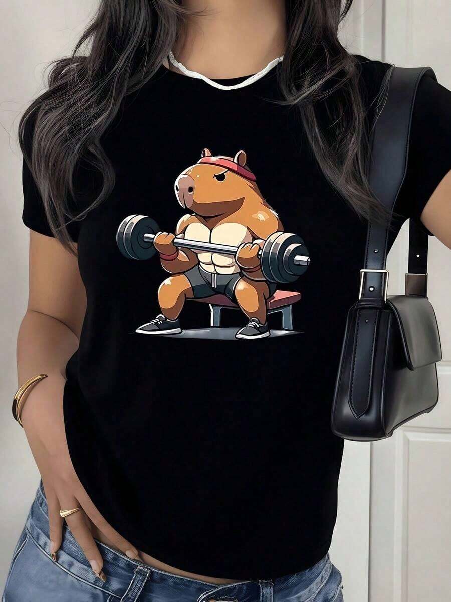 100% Cotton. Muscular Capybara Lifting Weights Symbolizes Inner Strength And A Positive Attitude To Overcome Daily Challenges. Women's 100% Cotton T-Shirt, Comfortable And Fun For Casual Wear. Women's Simple Solid Color T-Shirt, Loose And Slim Fit Casual Short Sleeve - 黑色 - 查看 1
