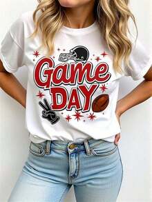 New 2026 Collection: Cotton T-Shirt [Women's Game Day T-Shirt] Women's Short-Sleeved T-Shirt With A Striking Red Pattern Design, Including Peace Symbols, Football Helmets And Stars – Perfect For Game Days, Casual Outings And Showing Your Sporty Spirit! - 白色 - 查看 7