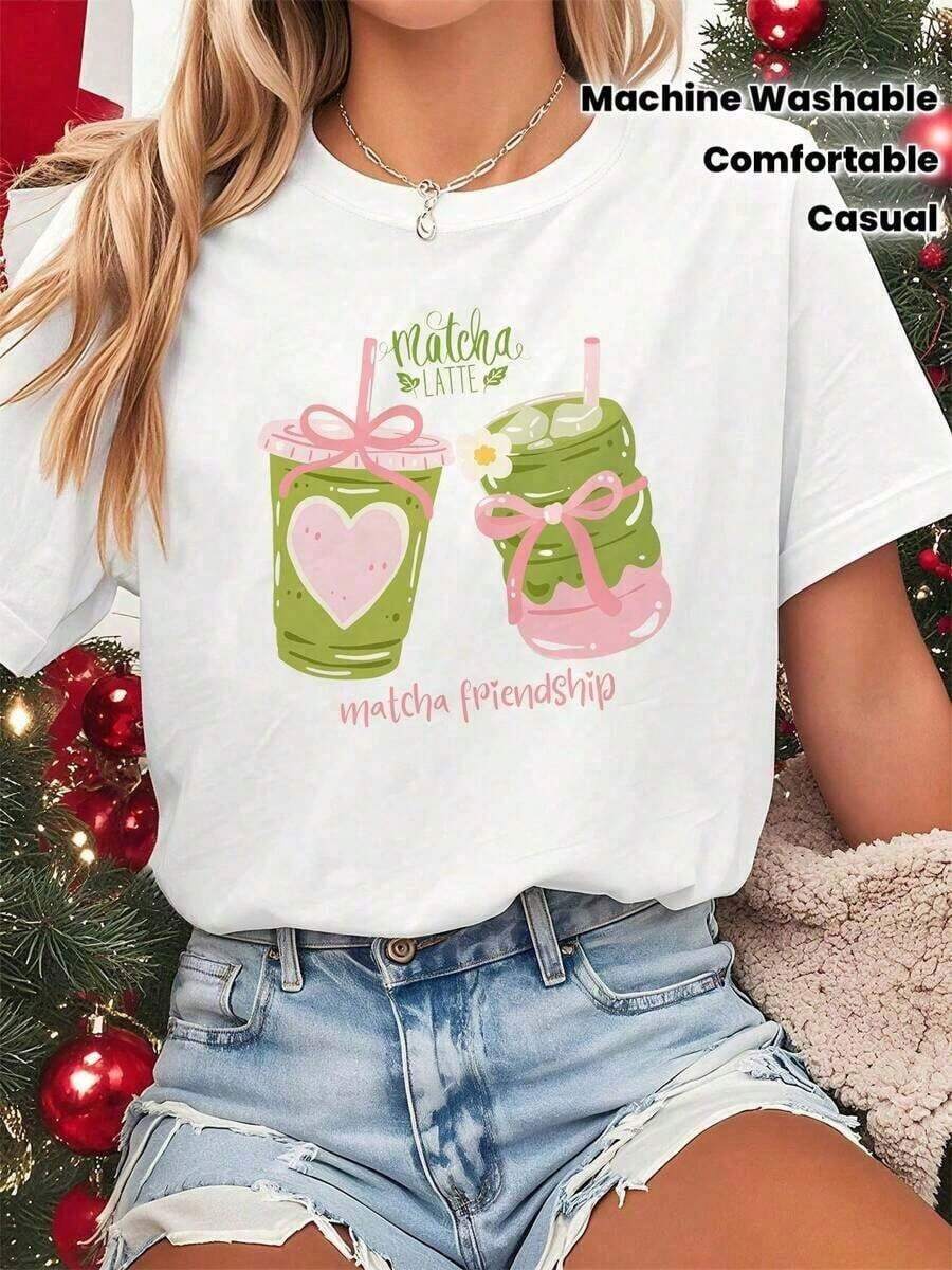 GiftCamia Women's Matcha Latte Print Top - Tea Design, Short Sleeve, Round Neck, Casual Top For Spring, Summer, And Christmas Parties, Iconic Matcha Quotes, Machine Washable, Comfortable Clothing For Fans, Women's Camisoles, Vintage Washed Camisole For Ladies, Valentine's Day Gift, Soft Washed Cotton Camisole With Heart Print, 100% Cotton - 白色的 - 查看 1