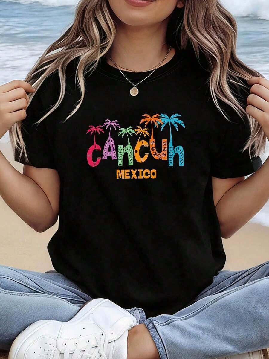 100% Cotton Vibrant Graphic Tee Cancun Vacation Style MEXICO - Women's Casual Short Sleeve Top, Fun And Full Of Energy, Perfect For Outings, Dates, Holiday Gifts And Get-Togethers. Women's Simple Solid Color T-Shirt, Loose And Slim Fit Casual Short Sleeve - 黑色 - 查看 1