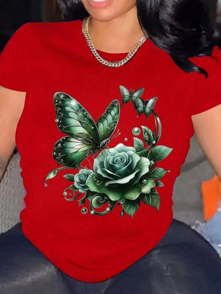 Women's Blouses, Women's Casual Style Graphic Print Butterfly And Pink Loose Round Neck Short Sleeve Spring Summer Daily Wear T-Shirt, Women's T-Shirt - 紅色的 - 查看 1