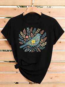 Women's PremiumLoose Bohemian Style T-Shirt With Bird And Flower Print, Pure Cotton Summer T-Shirt With Round Neck, Casual Short Sleeve Top, Unique Design For Everyday Wear, Loose And Soft Fit, Ideal As A Holiday Gift. - 黑色 - 查看 1