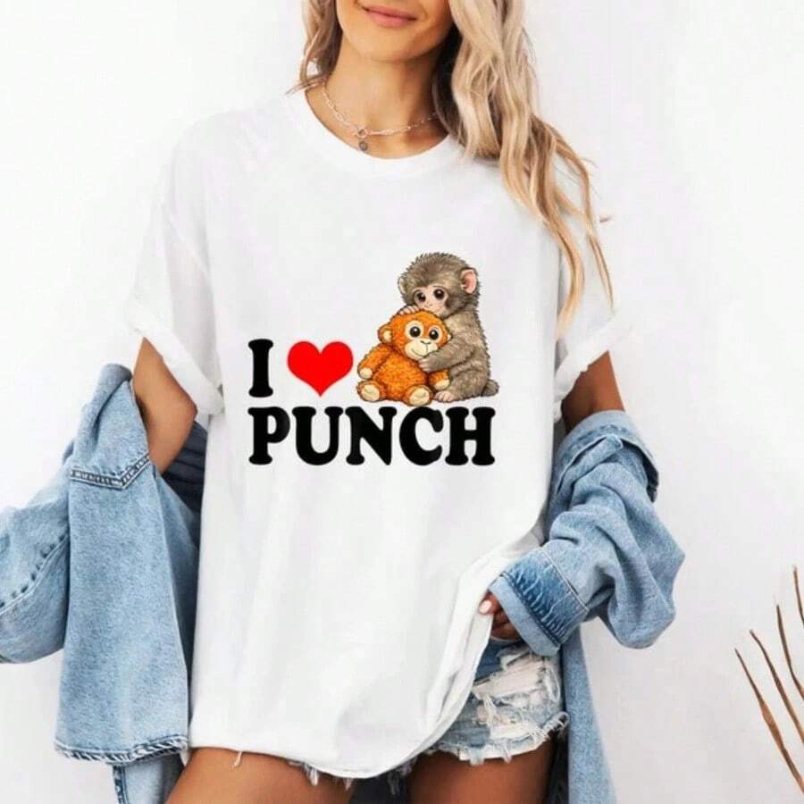Premium T-Shirt With Cute Cartoon Gorilla Print I ❤️ PUNCH Text Design For Casual Daily Wear - Warm, Comforting, Soft, Endearing, Cute, Adorable, Unique, A Great Gift Idea. - 白色 - 查看 1
