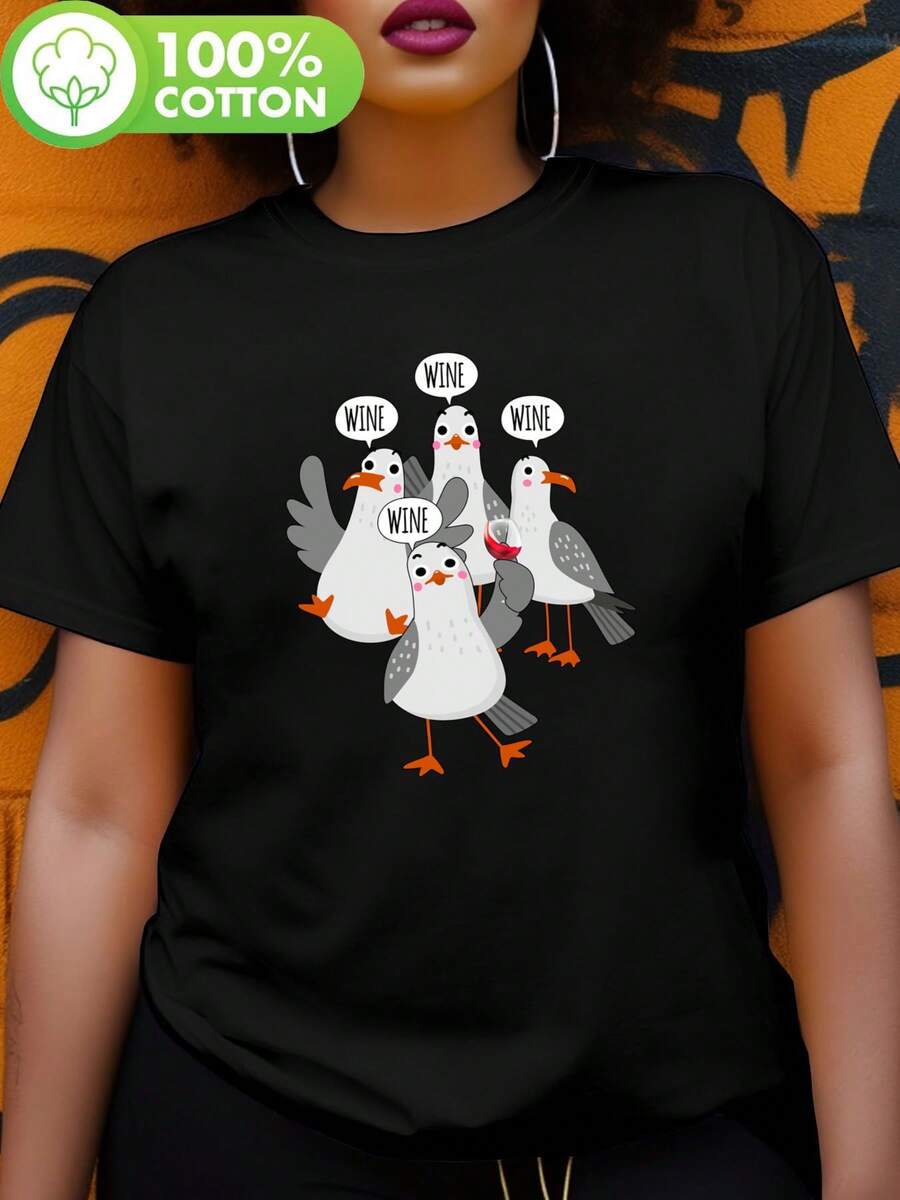 Cartoon Seagull Design T-Shirt With Bubble-Shaped Wine Label - Casual Short Sleeve, Ultra-Soft And Breathable, Women's Summer T-Shirt, Relaxed And With A Touch Of Humor, Perfect Gift For Wine Lovers And As A Fun Garment For Women. - 黑色 - 查看 1