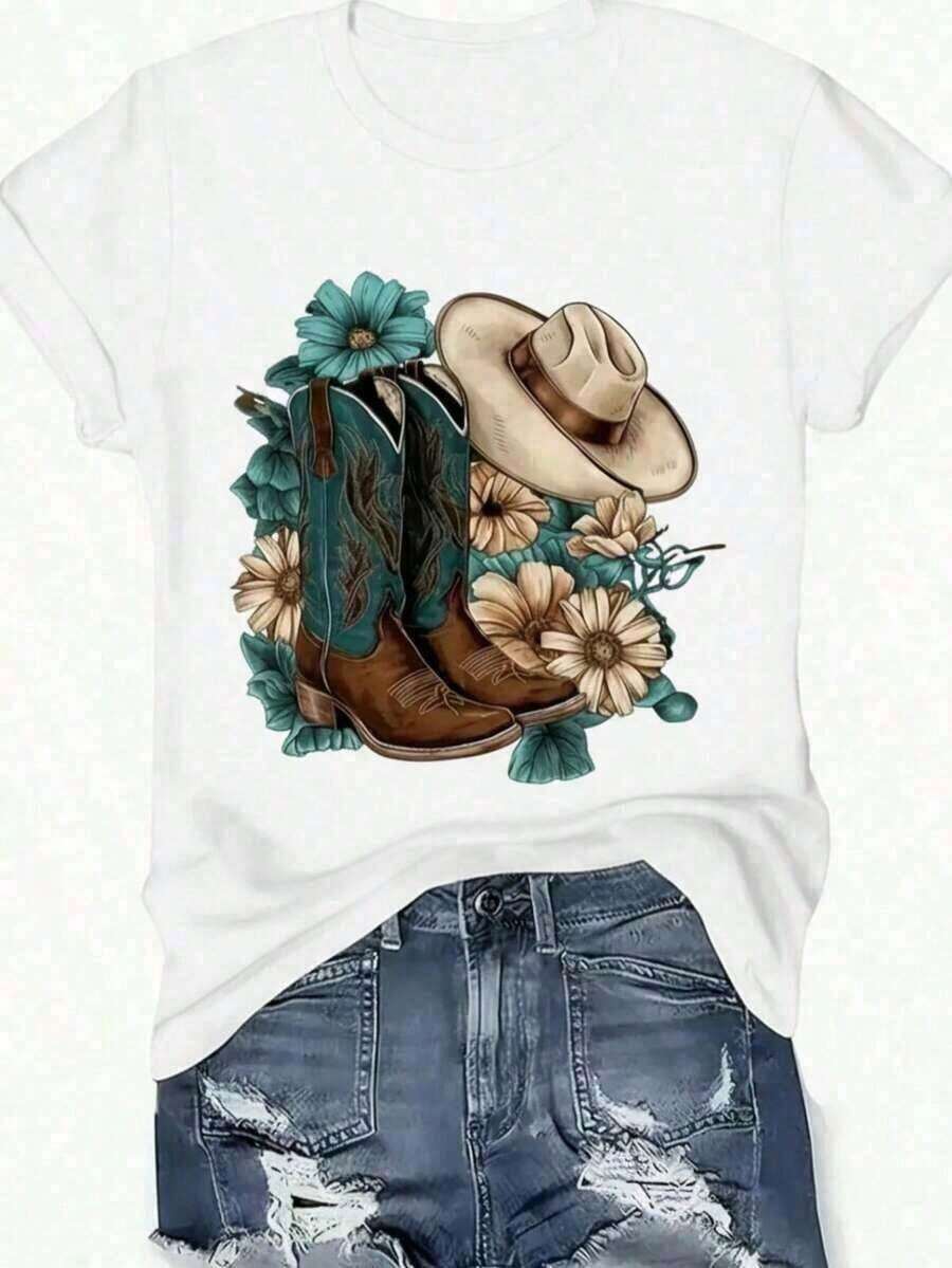 Women's Graphic Short-Sleeve T-Shirt, Short Sleeve, Crew Neck, Casual, Comfortable, Cool, Lightweight, Modern, Youthful, Regular Fit, Floral Print, Cowboy Boots, Floral Design, Women's Cowboy Hat, Summer Printed T-Shirt, Pretty Blouses, 100% Cotton - 白色的 - 查看 1