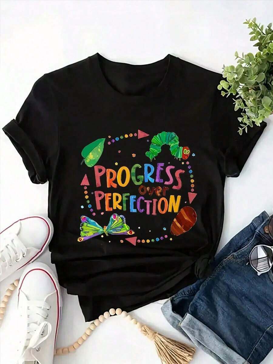 PROGRESS Short Sleeve Colorful Plus Size Crew Neck Fashion Festival T-Shirt - 黑色 - 查看 1