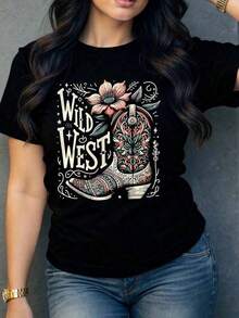 Short-Sleeve T-Shirt For Women With A Floral Cowboy Boot Print In A Western Style, Modern And Original Design, Ideal For A Casual And Comfortable Look, Soft And Breathable Fabric, Various Colors Available. Pretty Blouses 100% Cotton - 黑色 - 查看 1