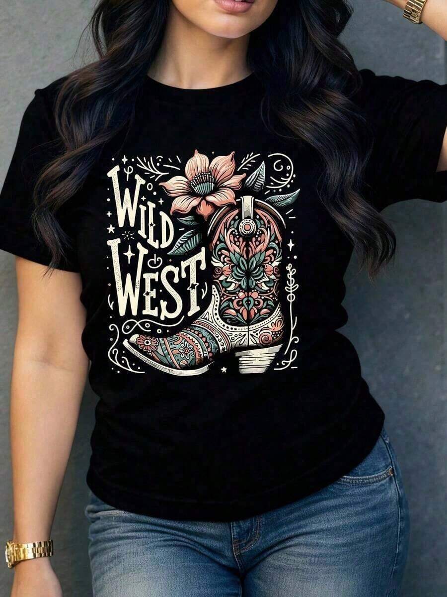 Short-Sleeve T-Shirt For Women With A Floral Cowboy Boot Print In A Western Style, Modern And Original Design, Ideal For A Casual And Comfortable Look, Soft And Breathable Fabric, Various Colors Available. Pretty Blouses 100% Cotton - 黑色 - 查看 1