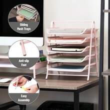 Betesh Mind Reader 5-Tier Paper Tray Desktop Organizer File Storage Workspace Office Metal Mesh 11.75" L x 14" W x 14.5" H - Rosa - Ver 5