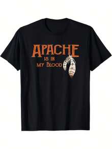 Men's Heavyweight Loose Fit Apache Tribe Design T-Shirt - Traditional  Design Featuring The "The Apache Runs Through My Blood" Print And Feather Motifs, Black And Orange Lettering, Crew Neck, Short Sleeves, Suitable For Everyday Casual Wear And Themed Events, The Best Gift For Men And Women. - 黑色 - 查看 6