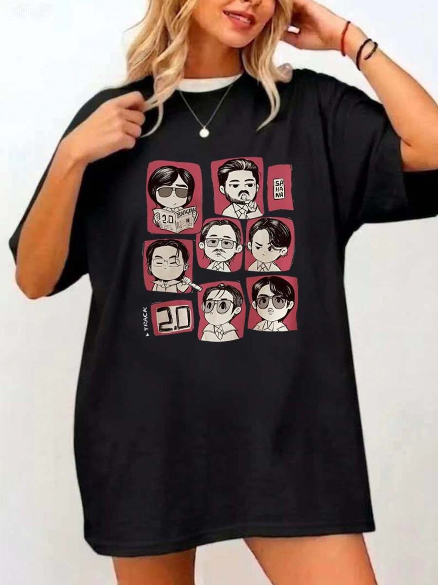| Exquisite Design | Loose And Comfortable | Easy To Match | Women's Spring/Summer Clothing Featuring A Chest-Print T-Shirt As The Main Element. The Overall Design Is A Q-Version/Cartoon Style, With A Unified Burgundy Background To Highlight The Characters, Creating A Cute Yet Modern Aesthetic. - Black - View 1