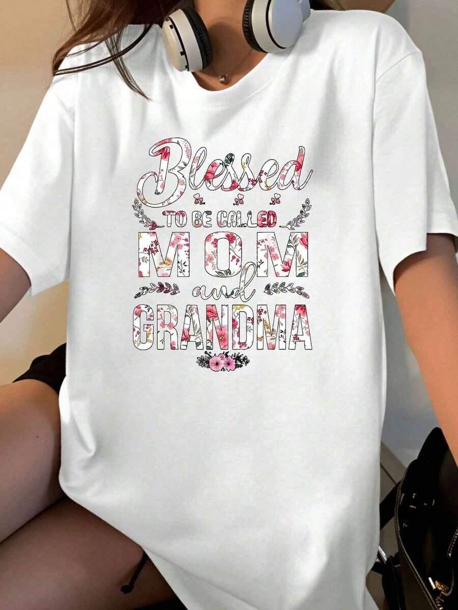 Women's Floral Print T-Shirt "Blessed By Mom And Grandma" Gift For Mother And Grandmother, Casual Summer T-Shirt - 白色 - 查看 1