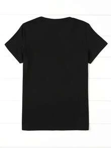 1 pieza de camiseta de manga corta para mujer, diseño con estampado de lazo de lentejuelas en negro brillante y plateado, camiseta de manga corta con cuello redondo para mujer, top casual de moda, 180g 100% algodón. - Negro - Ver 2