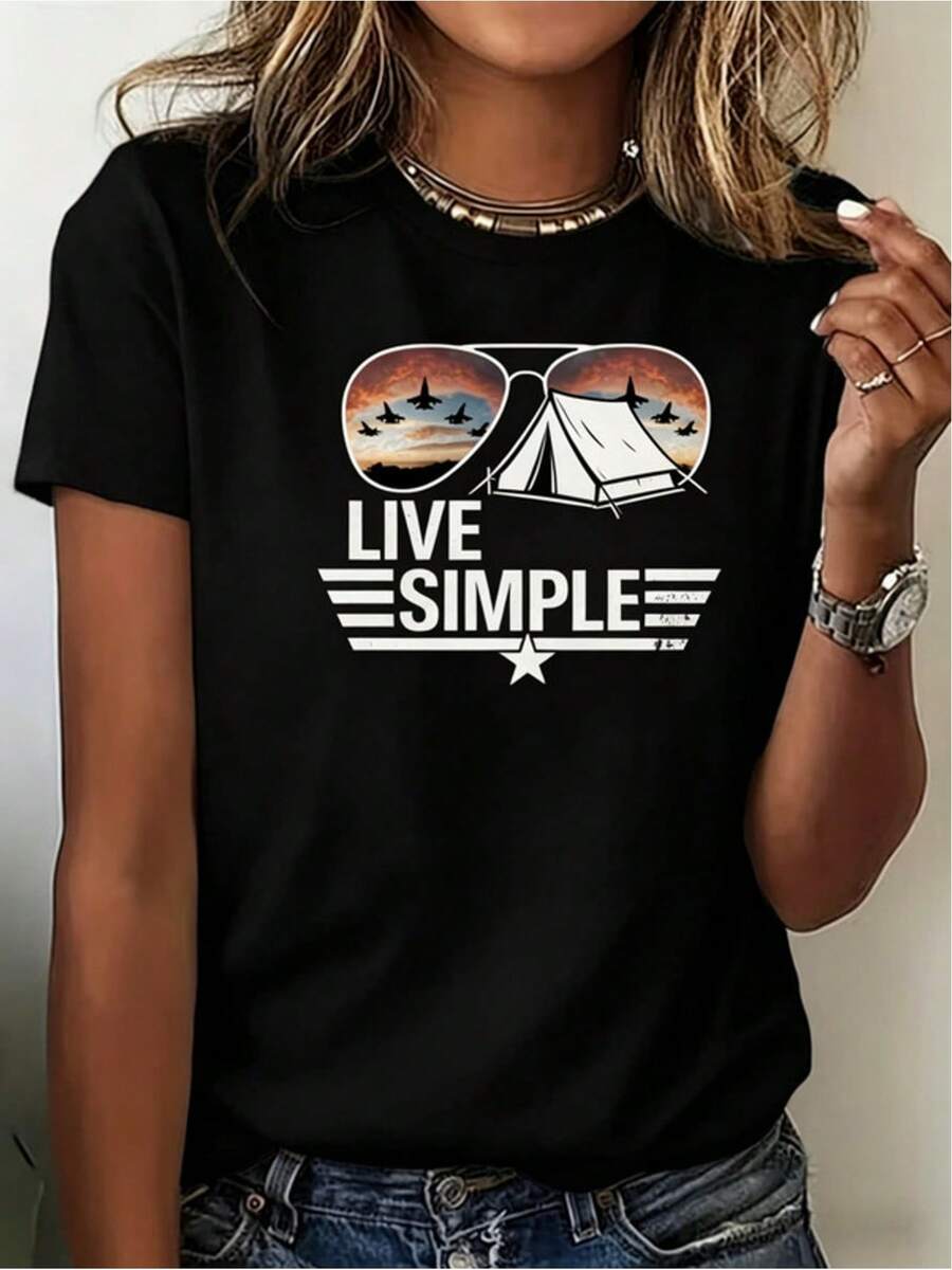 Women's Casual Sports T-Shirt In Black With VIVE SIMPLE Graphic - Elastic Crew Neck T-Shirt, Machine Washable, Comfortable Fit For All Seasons, Perfect To Pair With Denim Jeans And Wear On Any Occasion. - 黑色 - 查看 1