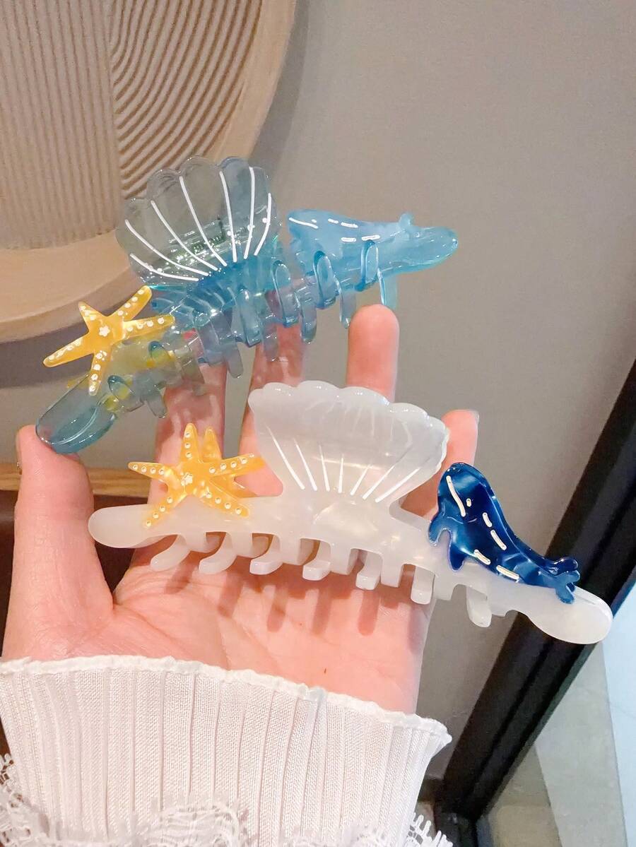 1pc Ocean Themed Acetate Hair Claw Clip, Shell & Starfish & Whale Design, Transparent Acetate Hair Claw, Summer Beach Vacation Hair Accessory For Women - Multicolor - View 1