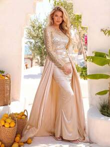 Romagic Gaun Bridesmaid Elegan dengan Desain Ekor Panjang dan Hiasan Payet - Sampanye - View 2