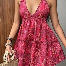 Vestido bohemio con estampado, escote halter con lazo y espalda descubierta, versátil para uso casual, vacaciones y diario, primavera/verano - Rojo violeta - Ver 4